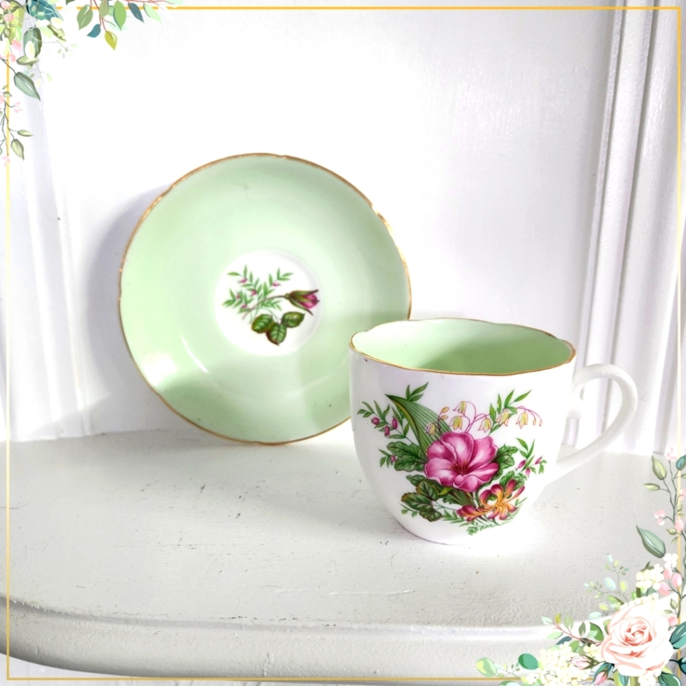 MARLBOROUGH Fine Bone China Teacup & Saucer MINT GREEN Floral Gold Rim Vintage